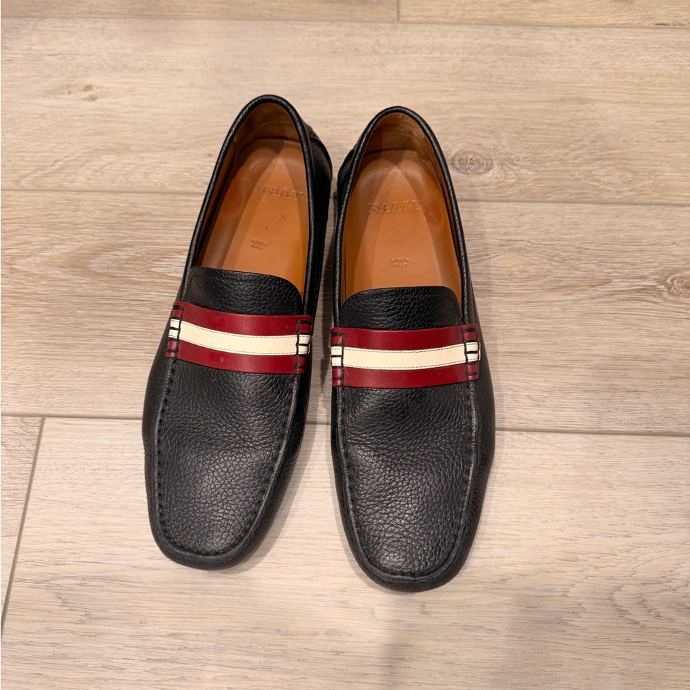 Bally Black Loafers with Red and Cream Stripes